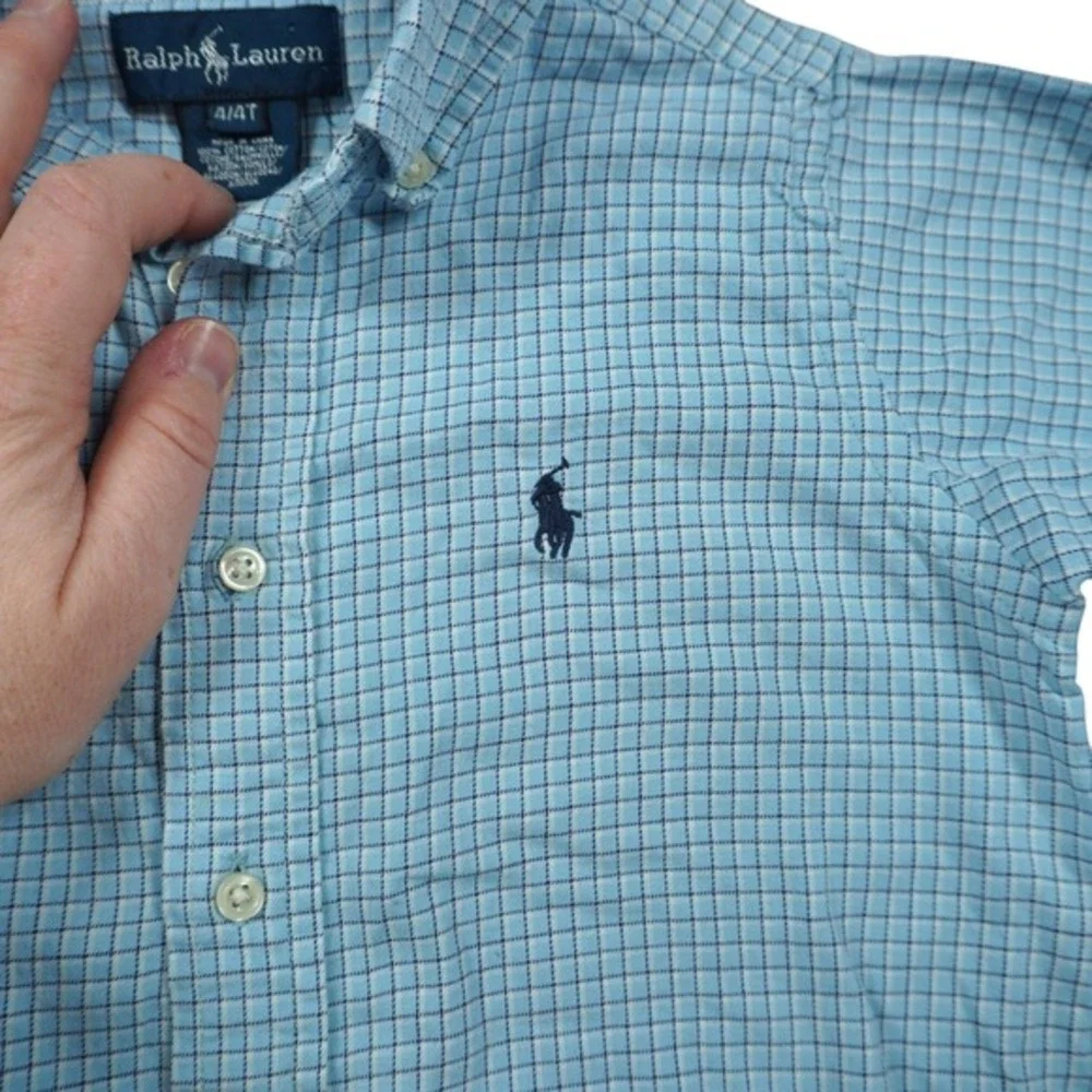 Polo Ralph Lauren Boys 4T‎ Blue Check Button Down Shirt Long Sleeve Cotton